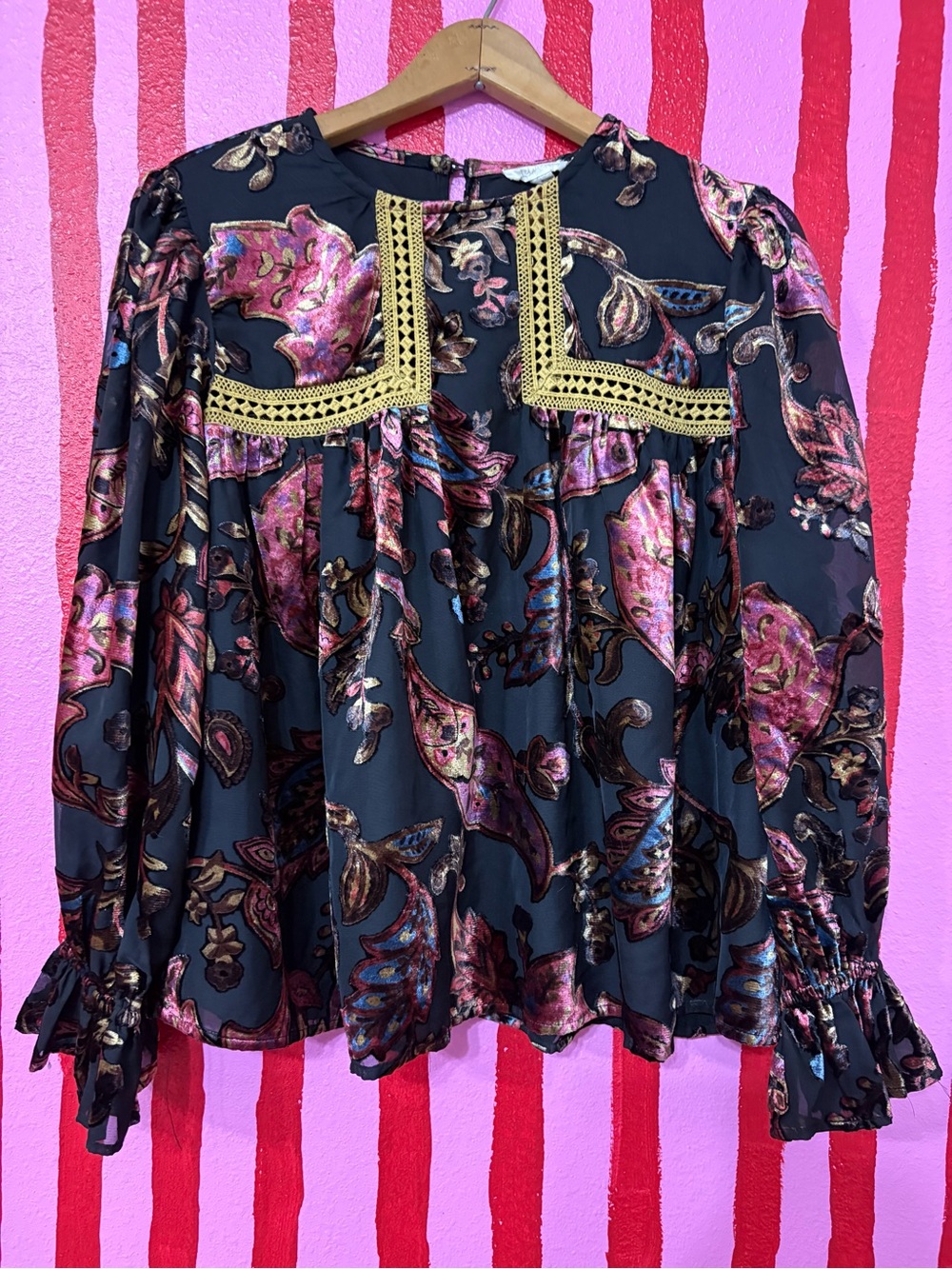 Anthropologie Black Paisley Floral Peasant Blouse with Gold Trim